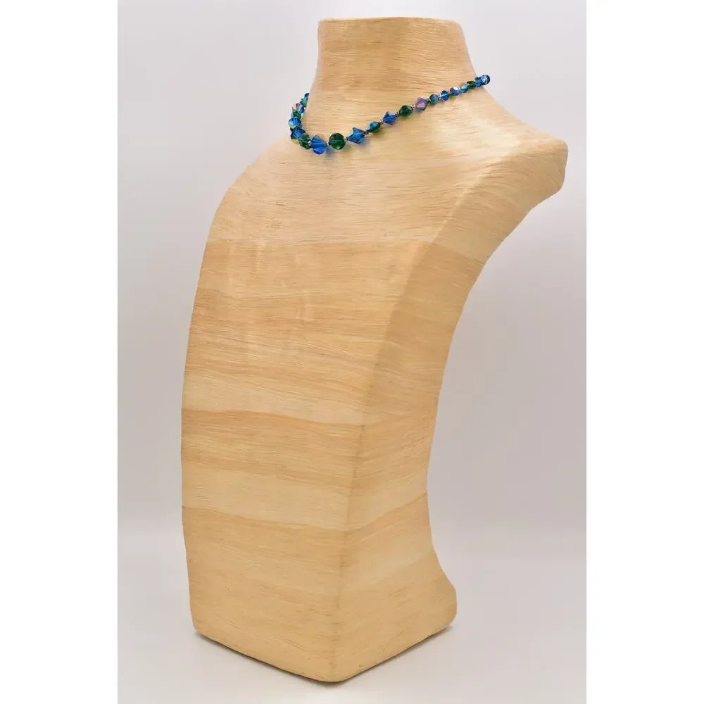 Vintage Blue Green Crystal Choker Necklace Sparkling Beaded Chunky 1960s BinBM